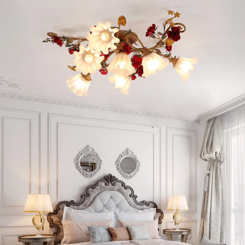 américain Rural fleur cuisine princesse filles chambre plafonnier assis lumière LED moderne plafonnier pour salon