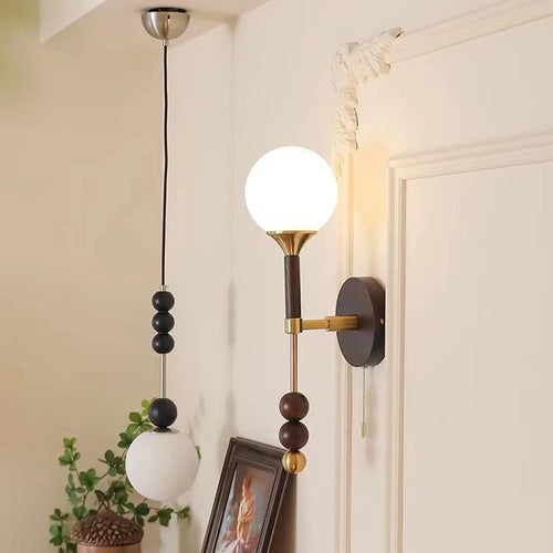 applique murale vintage en bois et verre avec interrupteur à câble - vue 3 sur 9