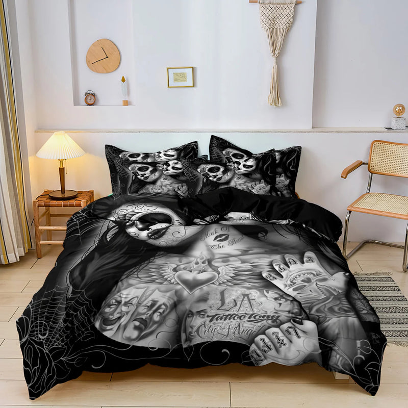 parure de lit florale et crânes de sucre mexicains