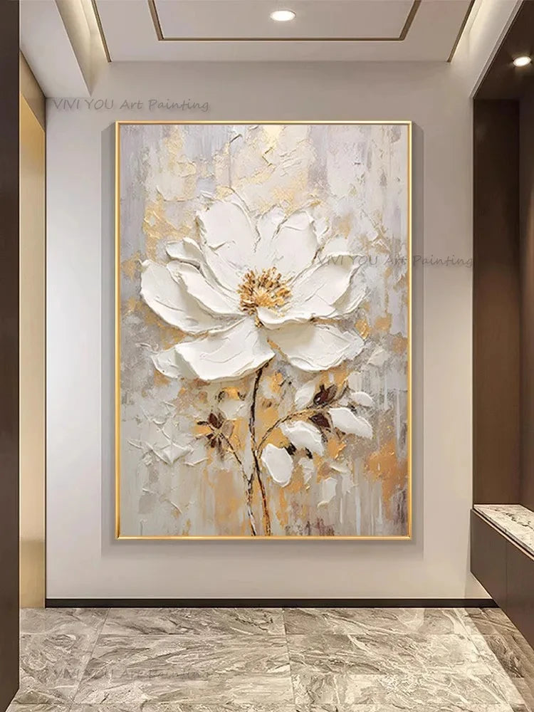 Tableau peinture à l'huile épaisse fleurs blanches abstraites décoration murale luxe - vue 4 sur 11