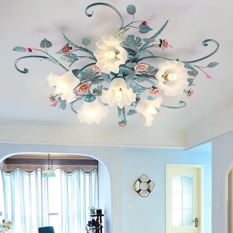 plafonnier led en fer fait main avec fleur de rose style américain coréen
