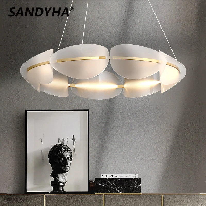 SANDYHA Moderne De Luxe Led Art Fer Suspension Lumière Créative Annulaire Pétale Lustre Chambre Étude Salon Salle À Manger Lampe Décorative