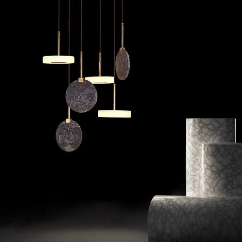 lustre led art déco en bois et marbre design élégant et moderne - vue 10 sur 11