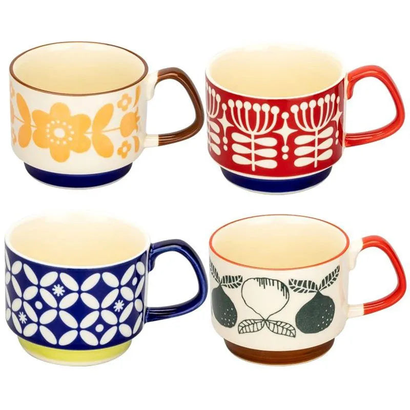 Ensemble tasses japonaises motif floral retro ceramique