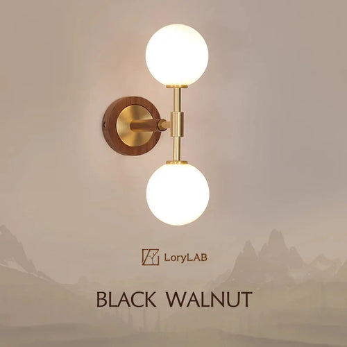 Walnut Wood Glass Sphere Brass, Wabi-sabi Simple Modern Vintage style, Wall Sconce lighting for Bedroom, Bedside, Dining Room - vue 2 sur 8