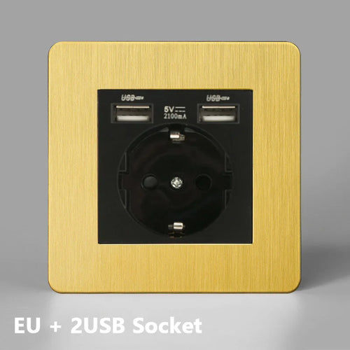 Prise électrique et double USB (Europe) en acier doré brossé bords arrondis