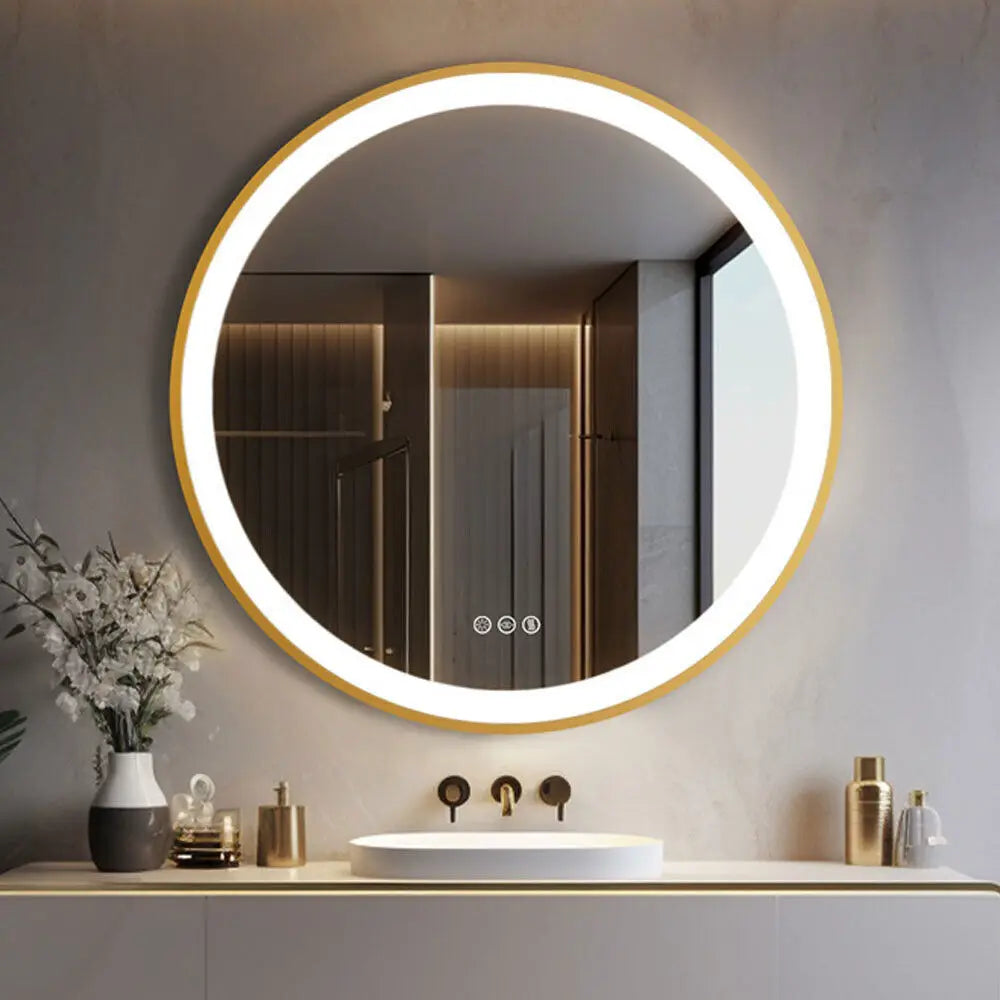 miroir rond éclairé avec cadre doré et fonction mémoire