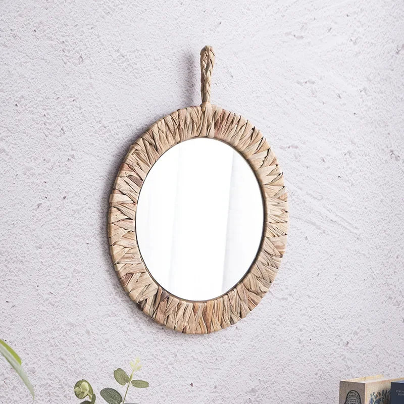 miroir décoratif tissé style rural en rotin fait main - vue 3 sur 5