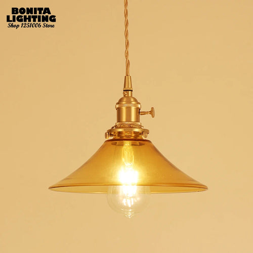 suspension vintage en verre avec base en laiton et interrupteur - vue 2 sur 7