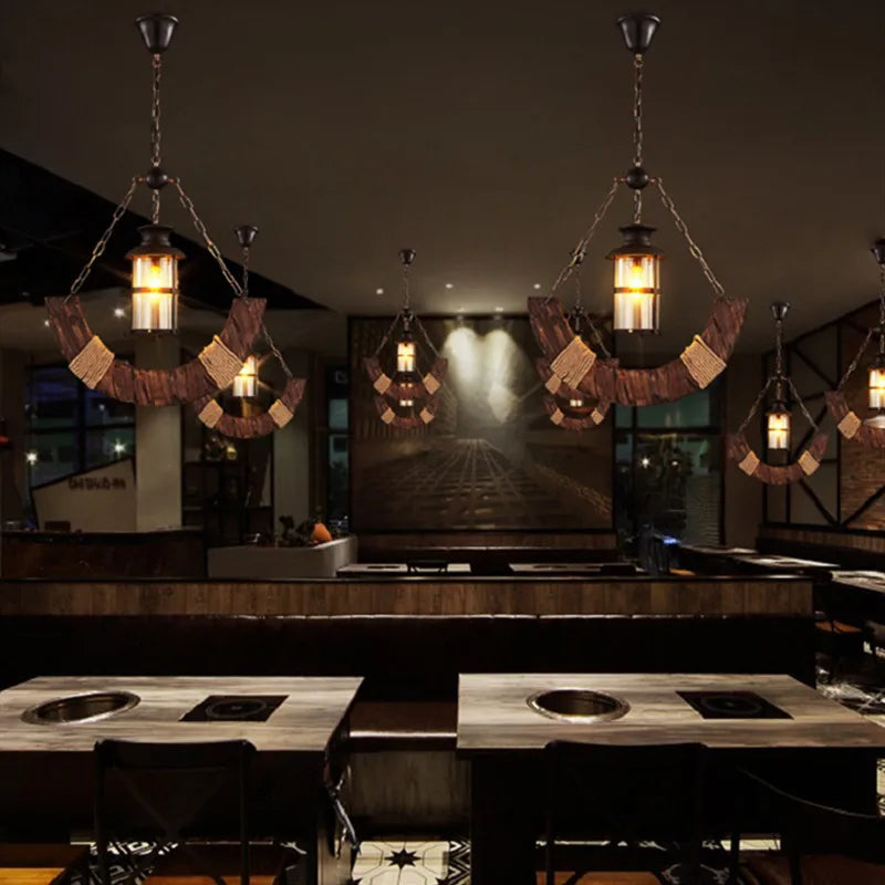 lustre rétro en bois style industriel pour café et restaurant - vue 3 sur 24