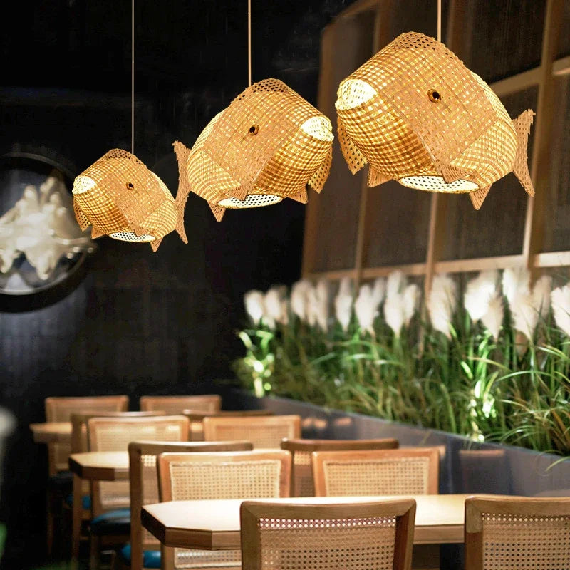 Nordique moderne suspension lumières créatif poisson Art bambou luminaire LED salon décor lampes suspendues cuisine Restaurant lumière
