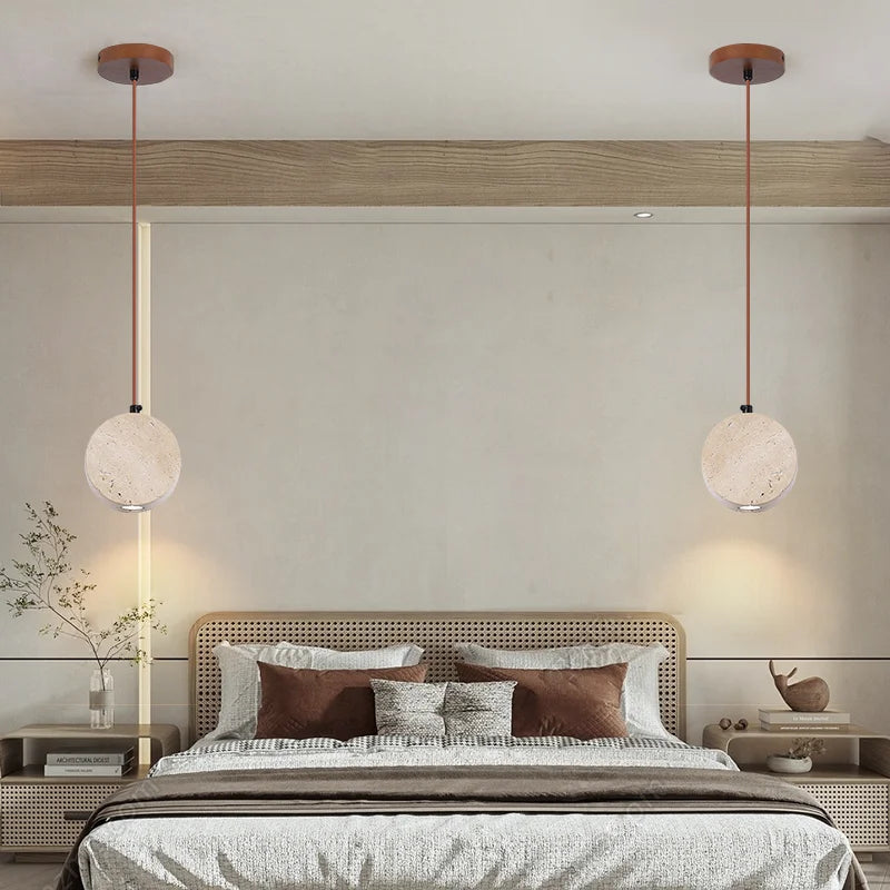 lustre vintage avec abat-jour cloche en pierre naturelle - vue 4 sur 6