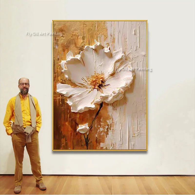 Tableau peinture à l'huile épaisse fleurs blanches abstraites décoration murale luxe - vue 9 sur 11