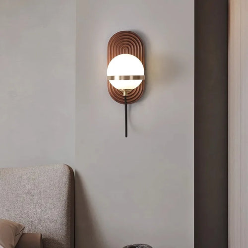 Walnut Wood Circular Sphere, Wabi-sabi minimalist Modern style, Wall Sconce light for Bedroom, Bedside, Living, Dining Room - vue 4 sur 8