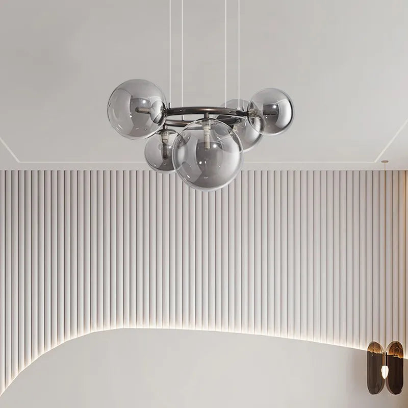 lustre design boule de verre et barre ronde métallique - vue 3 sur 12