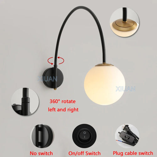 Minimalist Long Pole Fishing Wall Lamp Rotate Swing Arm White Glass Ball Wall Light for Living Room Bedroom Dining Table Indoor