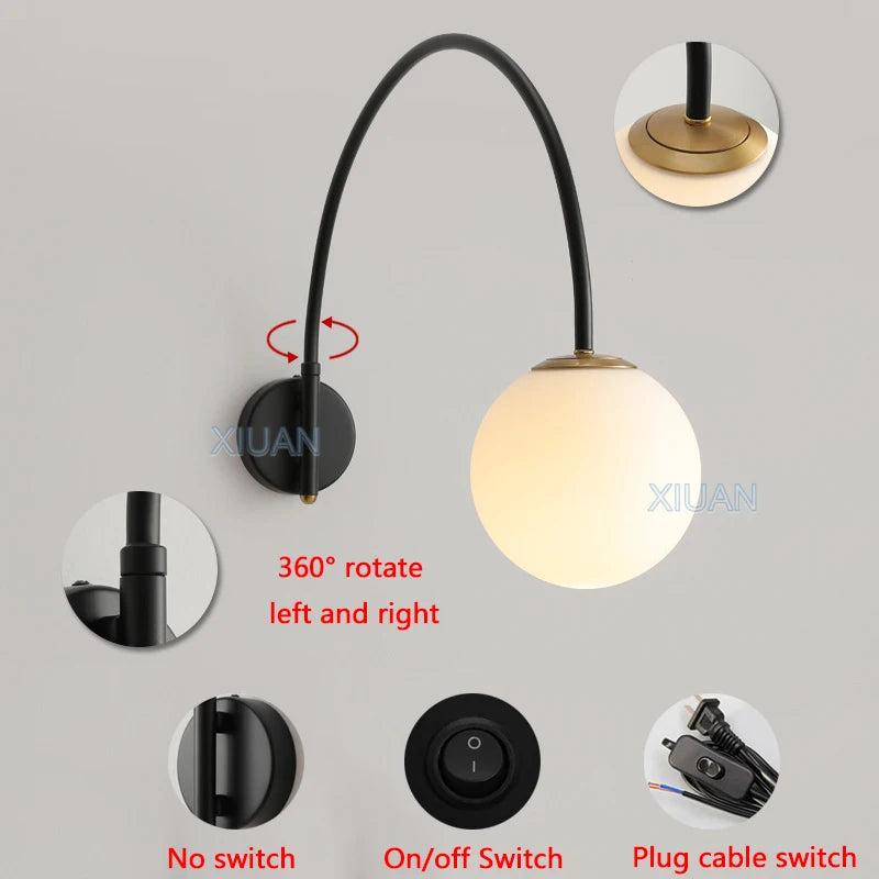 Minimalist Long Pole Fishing Wall Lamp Rotate Swing Arm White Glass Ball Wall Light for Living Room Bedroom Dining Table Indoor - vue 6 sur 11