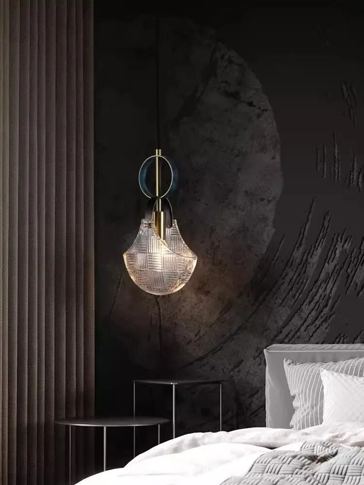 suspension luminaire cuir led verre lustre - vue 6 sur 30