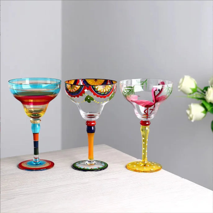 Verre cocktail margarita peint main motif flamant rayures - vue 3 sur 5