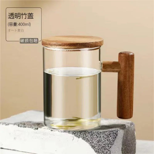 tasse en verre borosilicate avec poignée en bois et couvercle - vue 9 sur 8