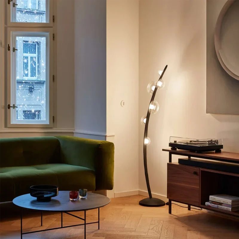 lampadaire design en cuir italien avec boule en verre - vue 2 sur 8
