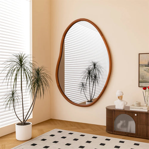 grand miroir mural asymétrique avec cadre en bois naturel - vue 2 sur 7