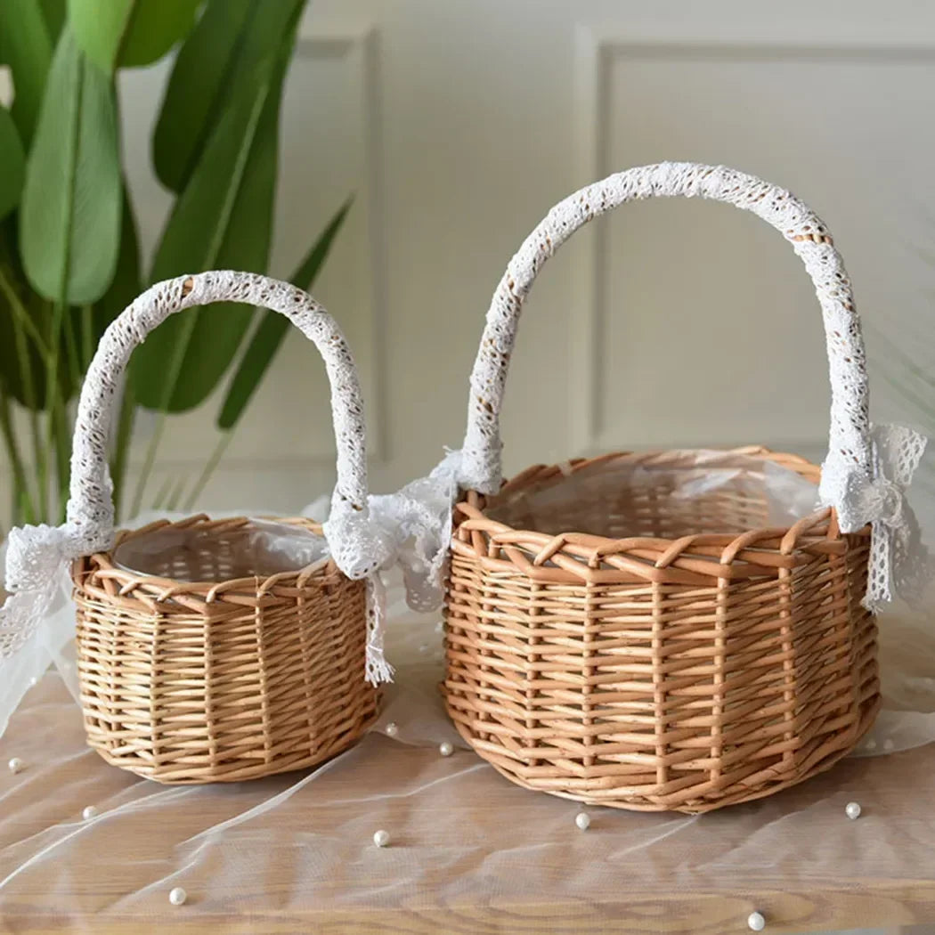 panier en rotin naturel tissé à la main pour mariage décoratif avec dentelle - vue 2 sur 7