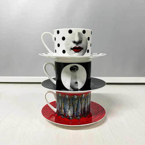 tasse porcelaine fine motif visage italien design bureau