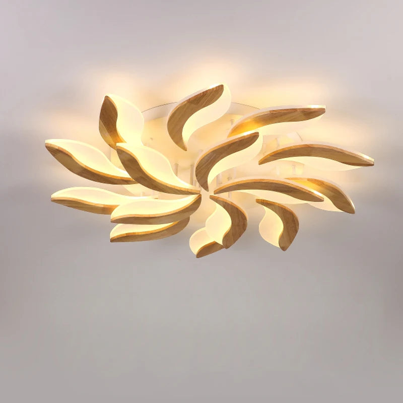 lustre moderne en bois avec luminaires en acrylique à LED