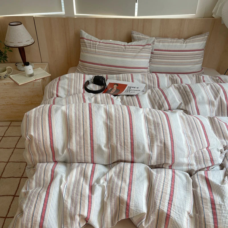 housse de couette rayée rose en coton pour chambre fille