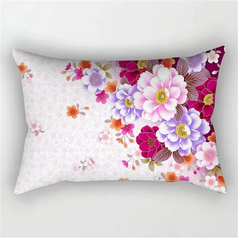housse de coussin décorative arc-en-ciel fleurs rouges et roses