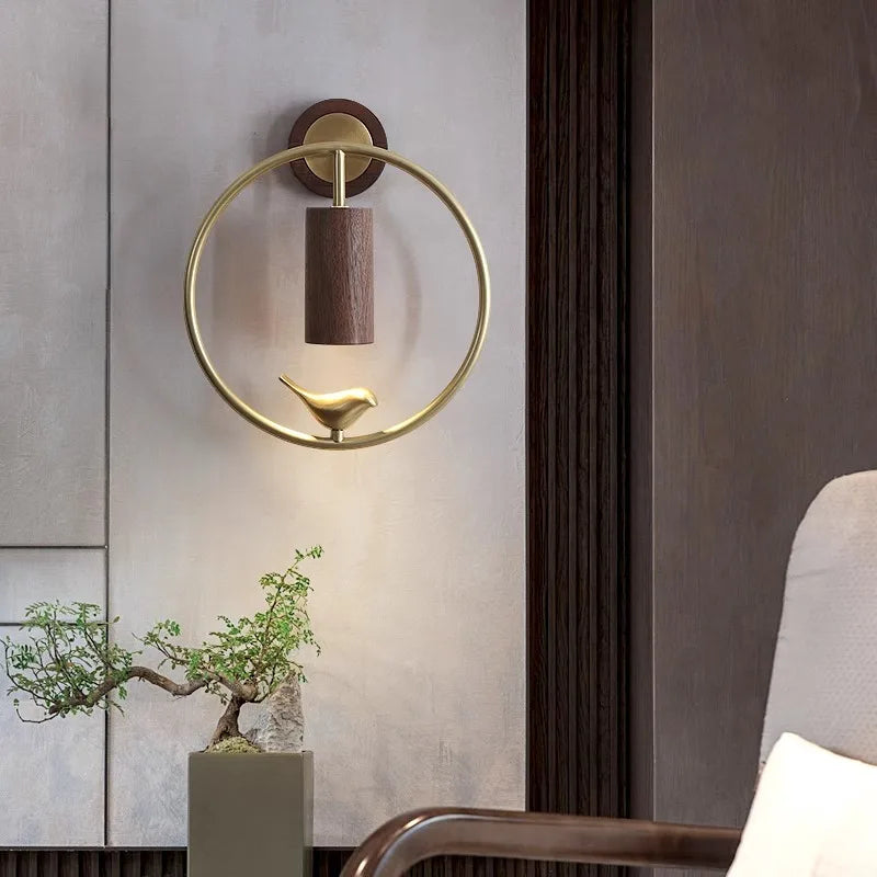 Walnut Wood Circle Brass bird, Wabi-sabi Modern style, Wall Sconce light for Bedroom, Bedside, Living, Recreation, Study