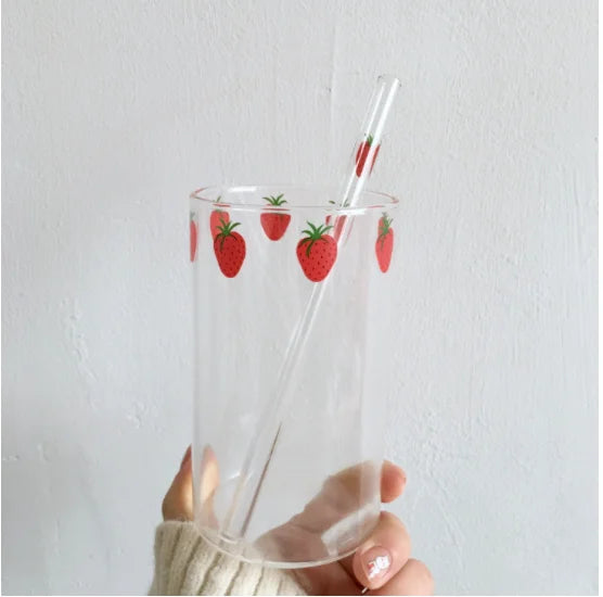 Gobelet verre paille motif fraise resistant chaleur 300ml