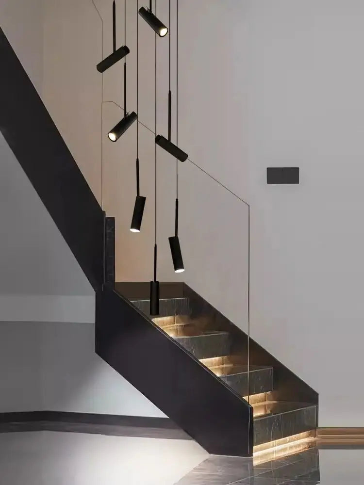 Led cylindrique spot suspension design moderne Restaurant éclairage noir blanc minimaliste escalier Long lustre