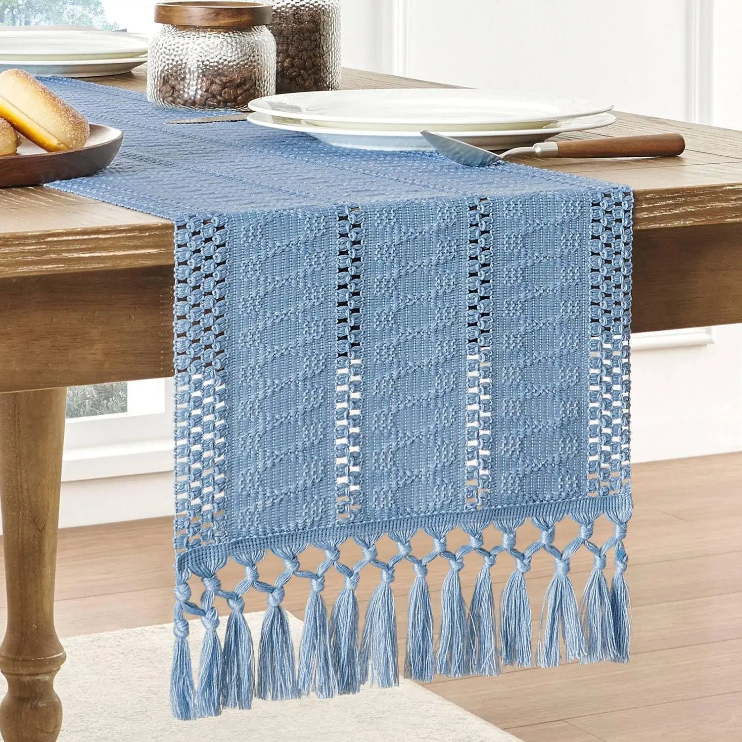 Chemin de table macramé bohème ivoire tissé franges