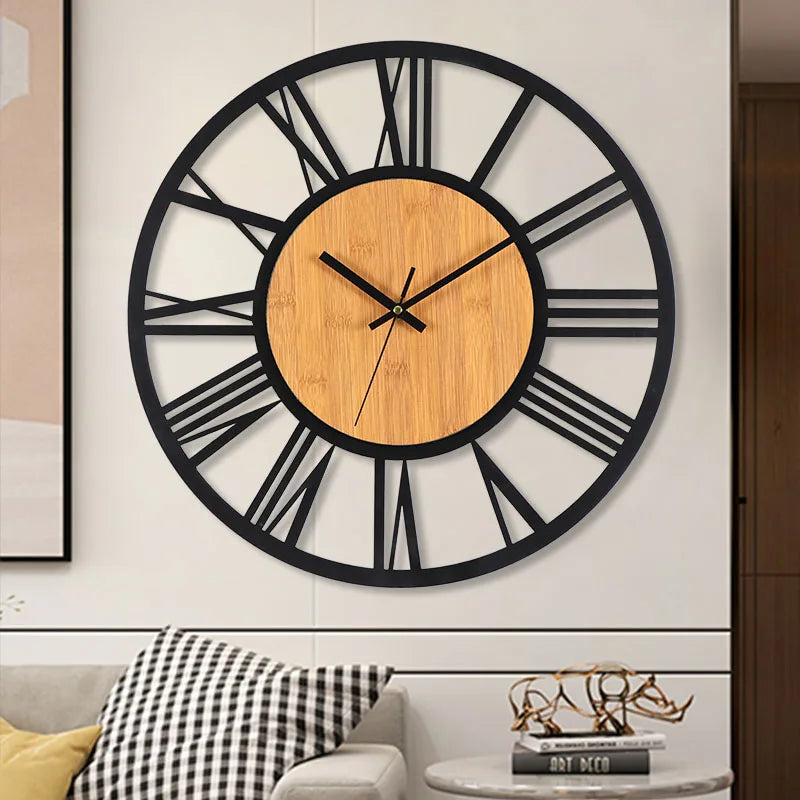 horloge murale 3D rétro avec chiffres romains en bois et métal - vue 4 sur 7