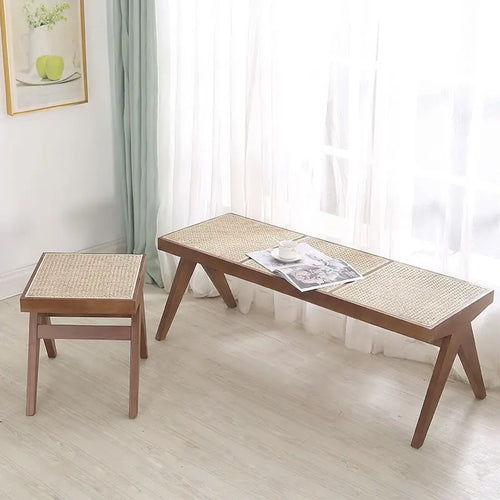 tabouret en rotin véritable style nordique pour changer de chaussures - vue 2 sur 14