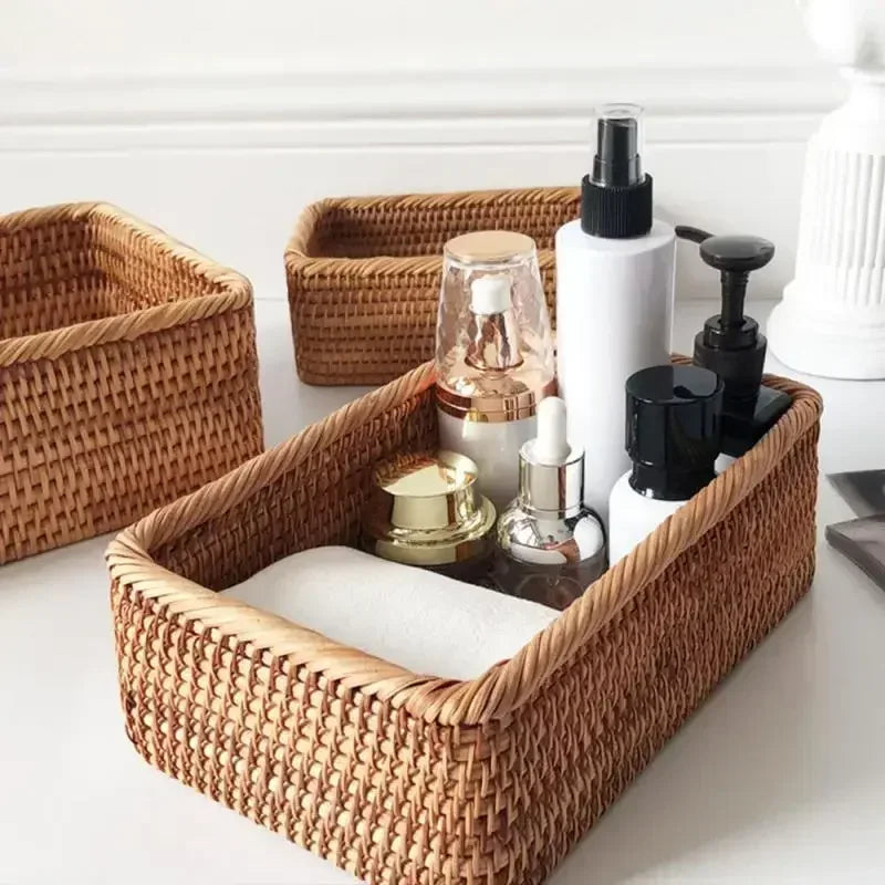 panier en rotin rectangulaire tissé à la main pour rangement et pique-nique - vue 2 sur 15