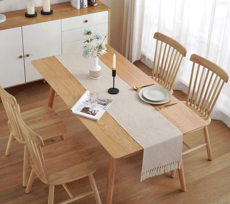 Chemin de table en lin brodé rustique beige