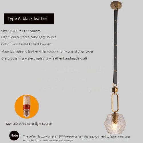 lustre moderne en cuir avec suspension lumière et verre cristal - vue 12 sur 14