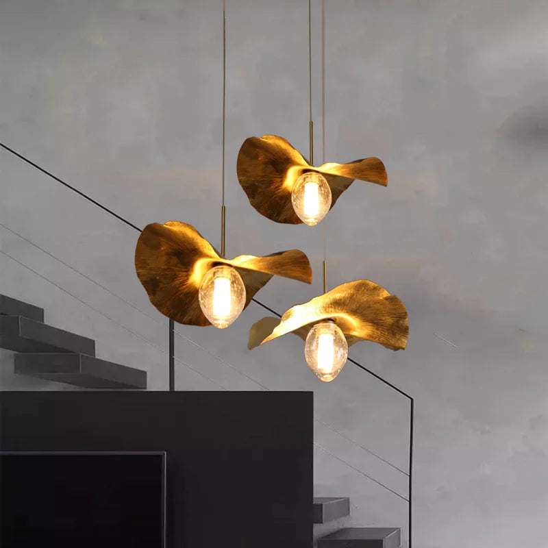 Suspension LED modernes en laiton feuille de Lotus pour Restaurant Table basse cuisine île lustre décor à la maison Lustres Luminaires