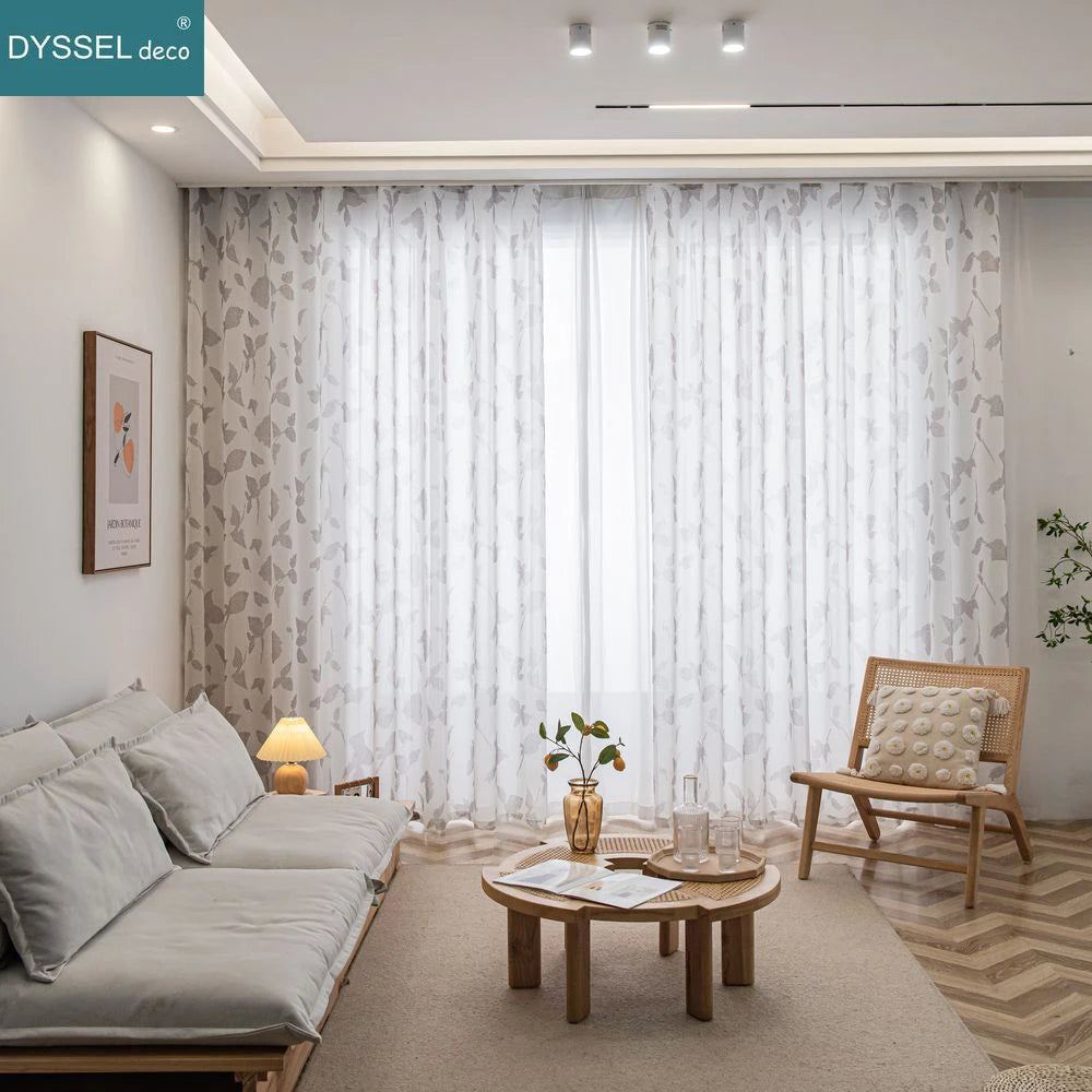 Voilage texture lin motif feuilles erable style champetre - vue 3 sur 6
