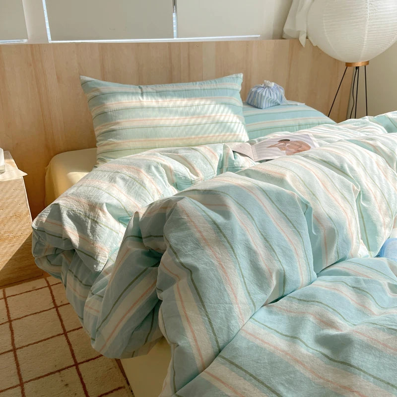 housse de couette rayée rose en coton pour chambre fille