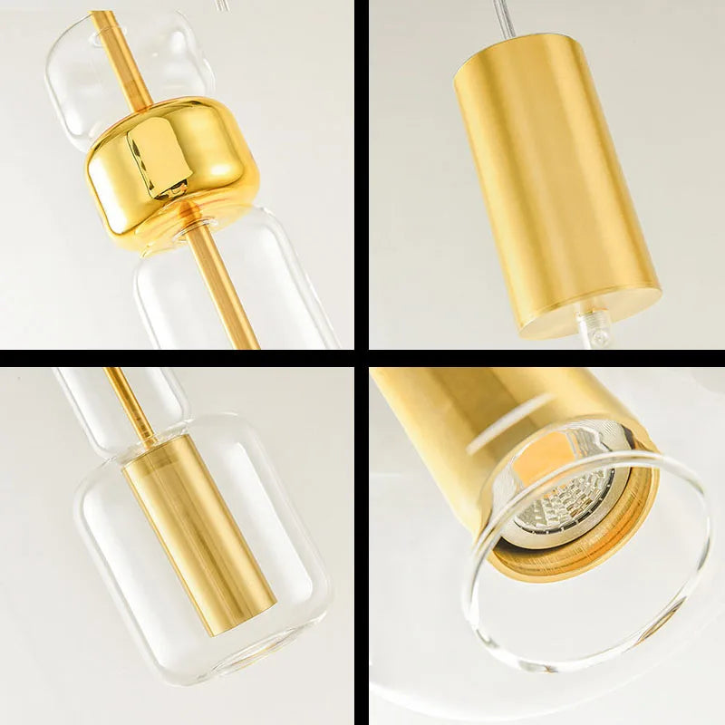 suspension moderne en verre avec luminaires en métal doré et noir - vue 5 sur 8