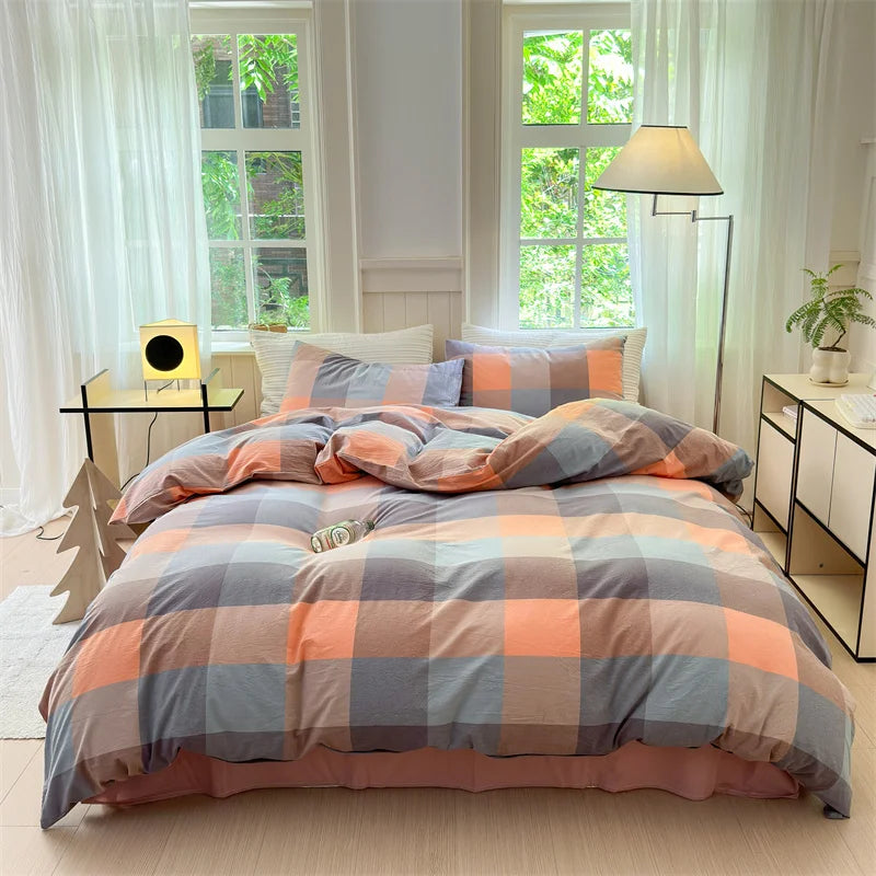 housse de couette en coton lavée à carreaux douce et confortable