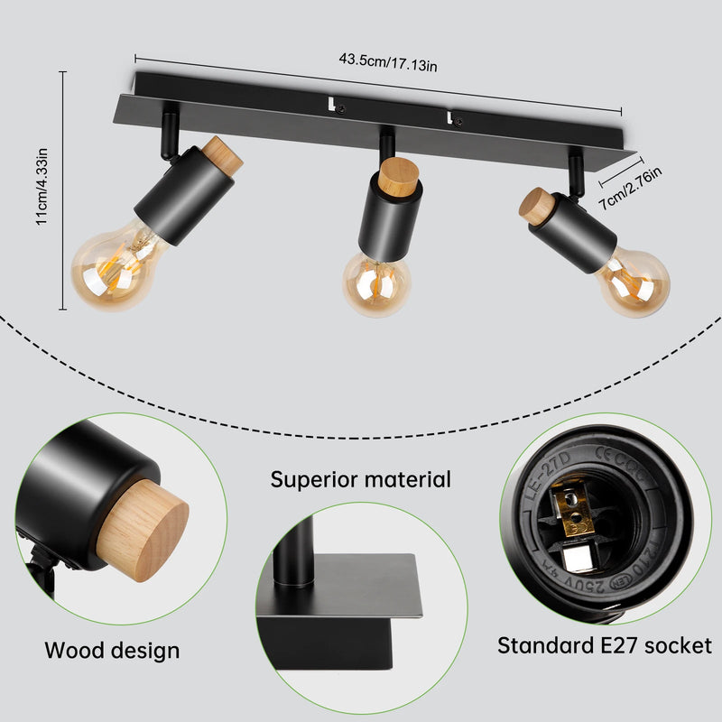 plafonniers Kimjo noir bois rotatif Spot luminaires plafond E27