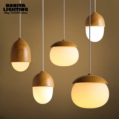 suspension moderne en verre et bois avec champignons - vue 3 sur 8
