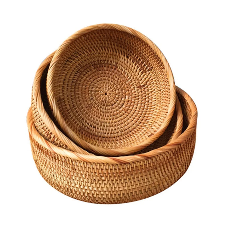 panier rond en rotin tissé pour fruits et collations