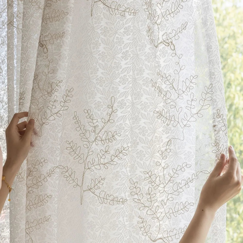 Voilage tulle brodé motifs feuilles pour salon chambre - vue 4 sur 7