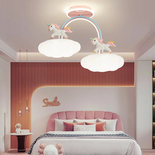 Dessin animé licorne lumière chambre d'enfant plafonnier avec télécommande nuage princesse chambre rose lustre lumière spectre complet